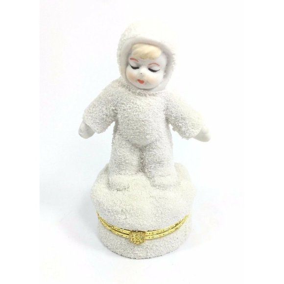 Trinket Box Porcelain Hinged Little Girl in Snow Suit Unmarked - Picture 1 of 7
